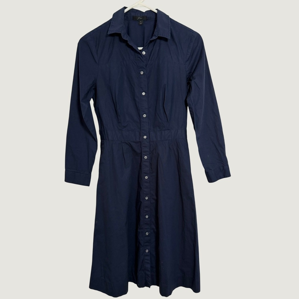 J.Crew Navy Blue Cotton Poplin Long Sleeve Button Front Shirt Dress Size 4